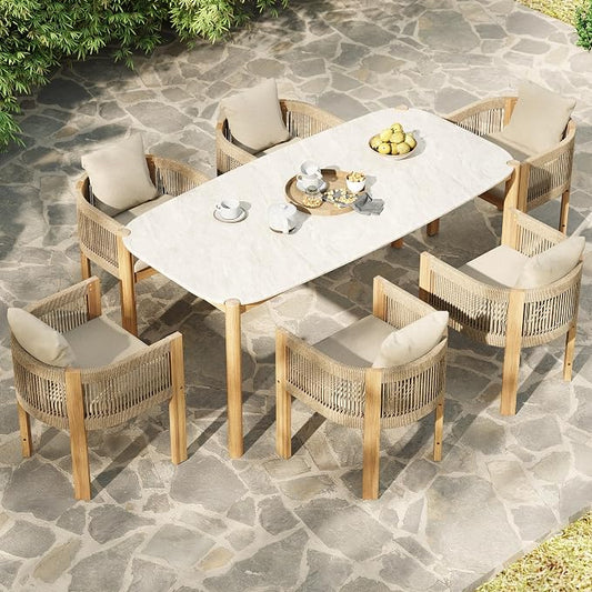 homary 7-Pieces Outdoor Dining Set, White Cement Table with Teak & Rattan Dining Chairs, Weatherproof Cushions, Comfortable Patio Furniture Set for Garden & Patio