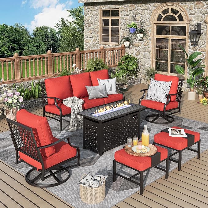 MIXPATIO Patio Furniture Set, 6 Pcs Metal Outdoor Conversation Set, 2 Swivel Chairs, 2 Ottomans and 3 Seater Sofa with 5.75" Extra Thick Cushion and Gas Fire Pit Table, Red