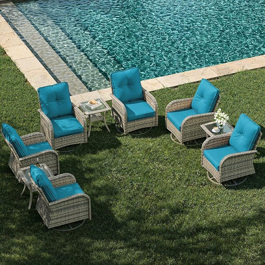 9-Piece Patio Rocking Swivel Chair Outdoor Wicker Rattan Bistro Set with Tempered Glass Side Table, Outdoor Patio Furniture Set for Garden, Deck, and Balcony, Turquoise