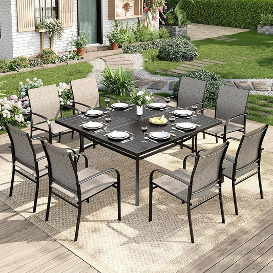 MIXPATIO 9 Pieces Patio Table and Chairs Set, Patio Dining Set for 8, 8 Brown Textilene Chairs and 57.5“ Large Square Patio Dining Table with Umbrella Hole, for Deck Backyard Lawn Poolside