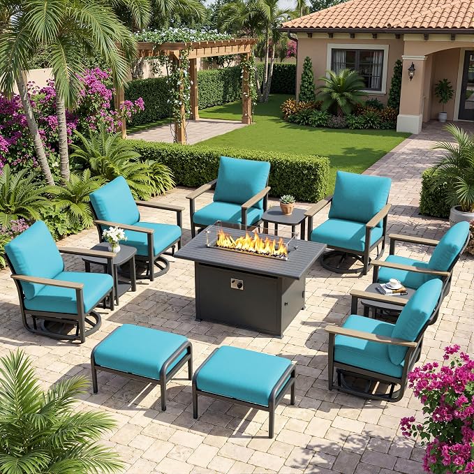 Aluminum Patio Swivel Rocking Chair Outdoor Bistro Set, 12pcs Patio Conversation Set Outdoor Patio Furniture Set with High Backrest & Thickened Cushions for Garden, Deck and Balcony, Turquoise