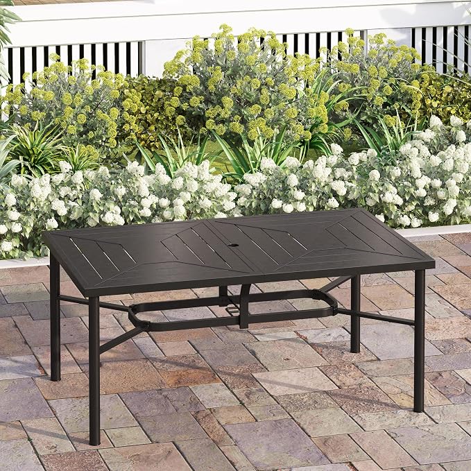 MIXPATIO Outdoor Patio Dining Table for 6, 64" x 39" Rectangular Metal Patio Dining Table with Umbrella Hole for Garden, Backyard and Porch