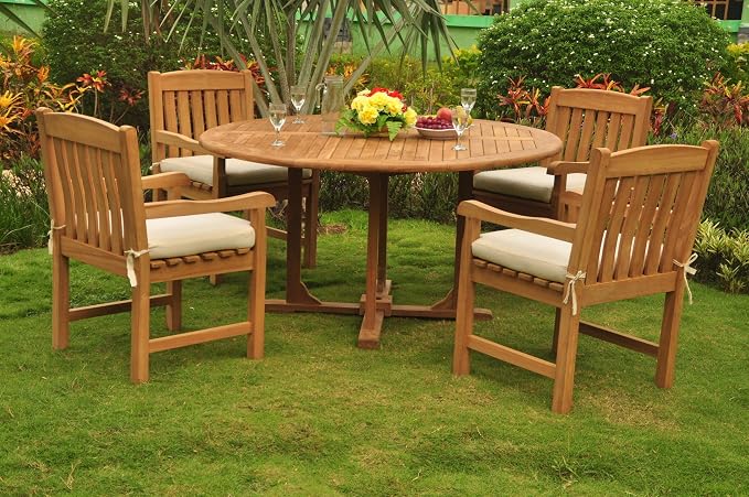 New 5 Pc Luxurious Grade-A Teak Wood Outdoor Dining Set - 60" Round Dining Table and 4 Devon Arm/Captain Chairs #WHDSDVl