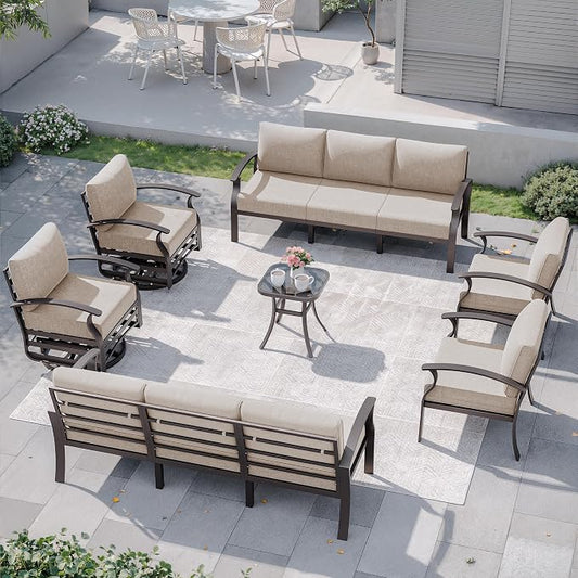 Kurapika Aluminum Patio Furniture Set 10-Seat Modern Metal Outdoor Conversation Sets w/Swivel Rocking Chairs Patio Sectional Sofa w/5.1 Inch Cushion, Sand