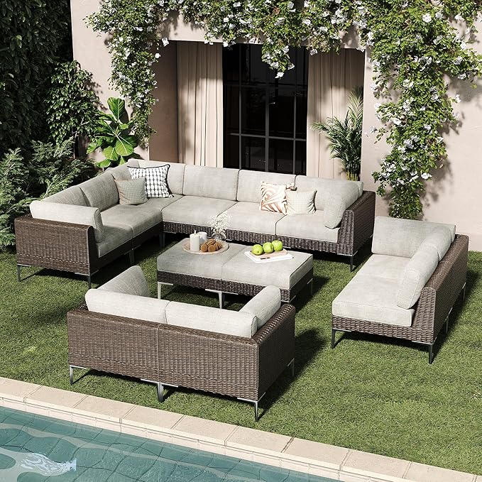 LayinSun 12-Piece Wicker Rattan Patio Furniture Set, Deep Seating Outdoor Modular Sectional Sofa Conversation Set with Thick Cushions for Lawn, Garden