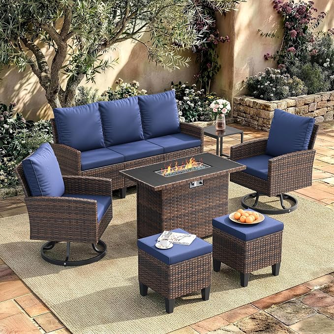 Amopatio Patio Furniture Set with Fire Pit Table,7 Pieces Conversation Set with 360°Swivel Chairs, All Weather Wicker Outdoor Furniture for Backyard Garden Pool Deck,Blue