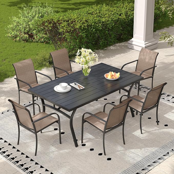 Patio Table and Chairs Set for 6, Outdoor Dining Set with 6 Stackable Dining Chairs and 63.1" x 28" Rectangle Patio Metal Table for Backyard, Deck, Lawn, Garden, Brown & Black