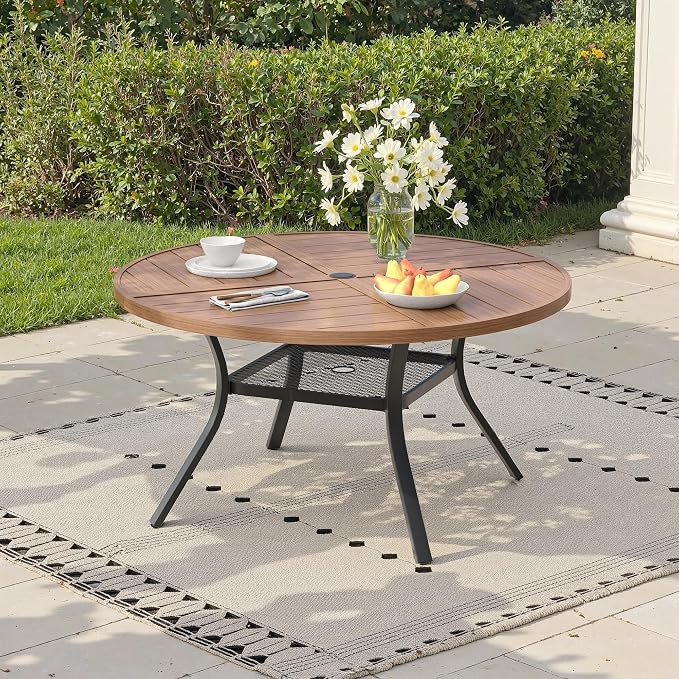47.2" Outdoor Dining Table with Adjustable Umbrella Hole, Metal Slatted Round Patio Dining Table for Backyard Garden Deck, Walnut