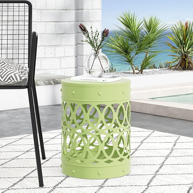 Outdoor Metal End Table Large, White Iron Side Table with Geometric Cut Design, Round Patio Accent Table No Assembly Required, Weather Resistant for Garden Balcony Porch (Green)