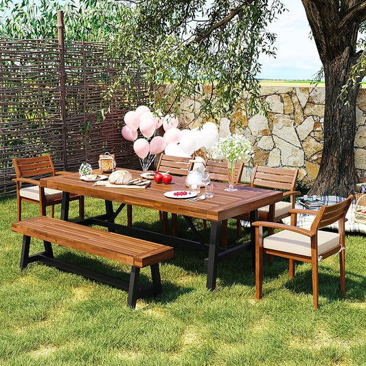 Merax Patio Table and Chairs Set for 8, Outdoor Dining Set Includes 78.7" Thicker Acacia Wood Patio Table, 5 Patio Chairs with Cushions and 1 Bench for Backyard, Courtyard, Poolside, Natural