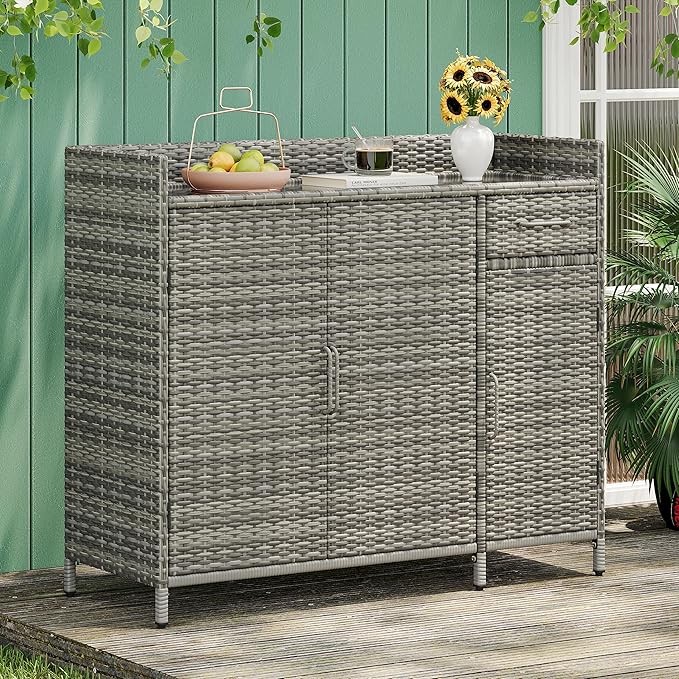 RuiSiSi Wicker Bar Table with Drawer & Adjustable Shelf for Outdoor, Rattan Buffet Cabinet Sideboard with Tempered Glass Desktop, Patio Rattan Bar Table with 3 Doors, Grey