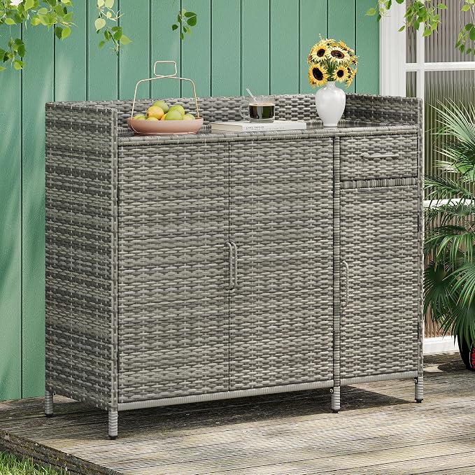 RUNNA Wicker Outdoor Storage Cabinet with Tempered Glass Desktop, Weather-Proof Rattan Bar Table with Three Doors, Adjustable Shelf, and One Drawer, for Outdoor Cushions, Pool Toys (Grey@045)