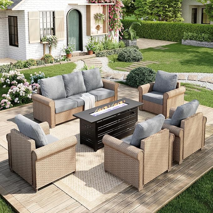 MIXPATIO Patio Furniture Set 6 pcs, Wicker Outdoor Patio Furniture, 3-Seat Sofa, 4 Single Chairs and 56" Gas Fire Pit Table, Rattan Patio Conversation Set for Backyard Deck, Grey