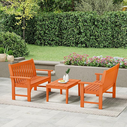 WestinTrends Malibu 3-Piece HDPE Outdoor Patio Furniture Couch and Coffee Table Set, Orange