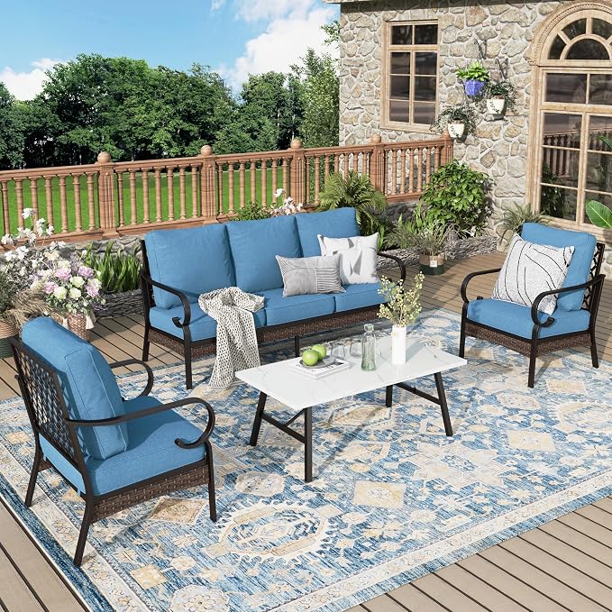 MIXPATIO Patio Furniture Set with Coffee Table, Outdoor Conversation Set with 2 x Fixed Chairs, 1 x 3-Seat Sofa for Lawn Garden Backyard, Navy Blue