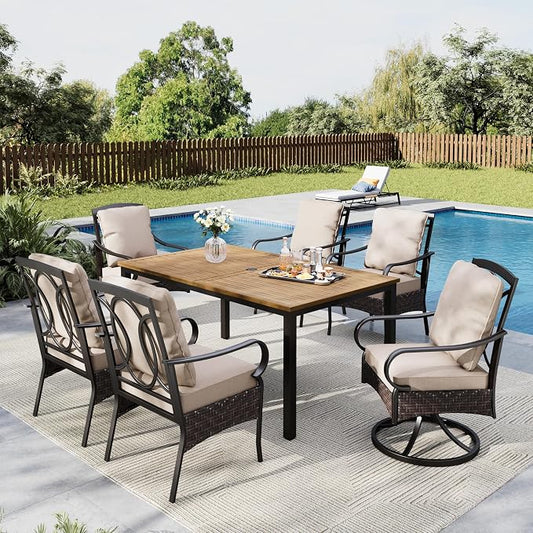 MFSTUDIO Outdoor Patio Dining Set for 6, Outdoor Table and Chairs for 6, Rectangular Metal Table with 2 Swivel Chairs & 4 Leg Chairs, 7 Pieces Patio Dining Furniture Set, 1.6-2'' Umbrella Hole