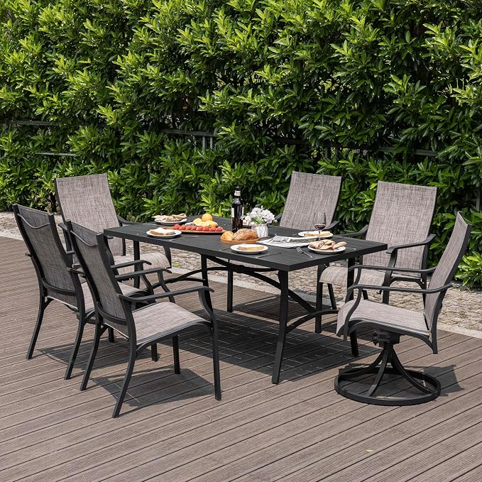 NUU GARDEN 7 Piece Outdoor Patio Dining Set, 63" x 36" Aluminum Dining Table with 1.97" Umbrella Hole, 4 Textilene Patio Chairs and 2 Patio Swivel Chairs for Garden,Backyard, Brown&Black