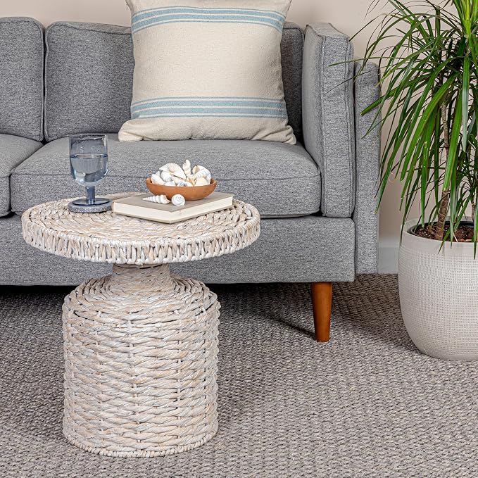 Bloomingville Hand-Woven Water Hyacinth Table, Whitewashed