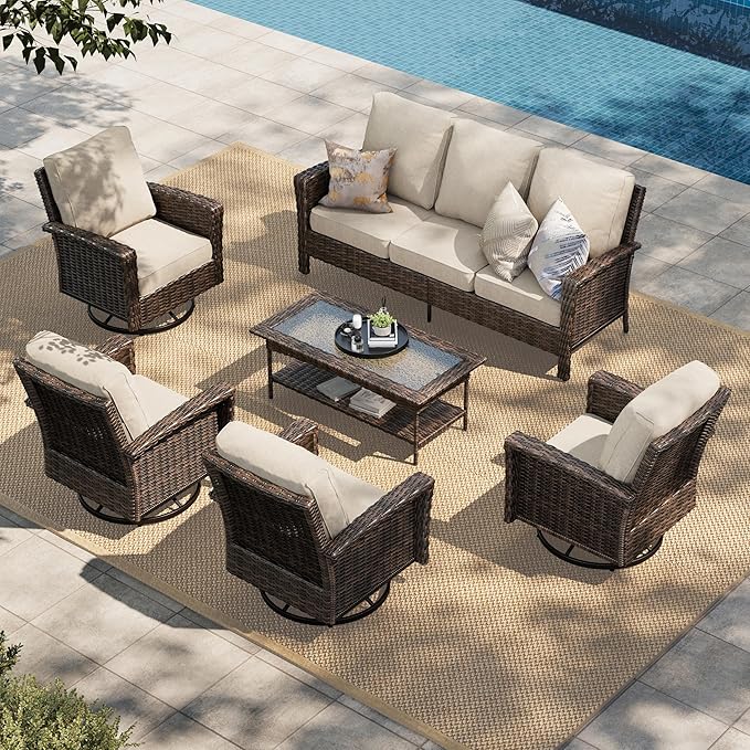 HERA'S HOUSE 7 Seats Patio Furniture Set, Outdoor Wicker Conversation Set with 5.5" Thick Cushion, 4 x High Back Swivel Patio Chairs with Tempered Glass Table & Couch for Deck Lawn Deck Yard, Beige