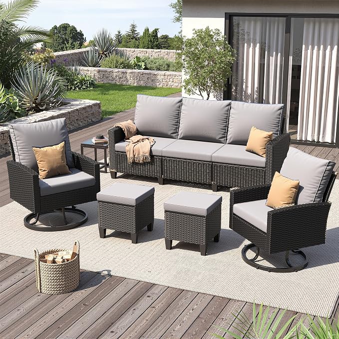 UDPATIO Patio Furniture Set, 6 Pieces Outdoor Conversation Sets with Swivel Chairs, All-Weather Wicker Rattan Patio Sofa with Ottomans and Glass Side Table for Backyard, Deck, Porch, Grey/Black