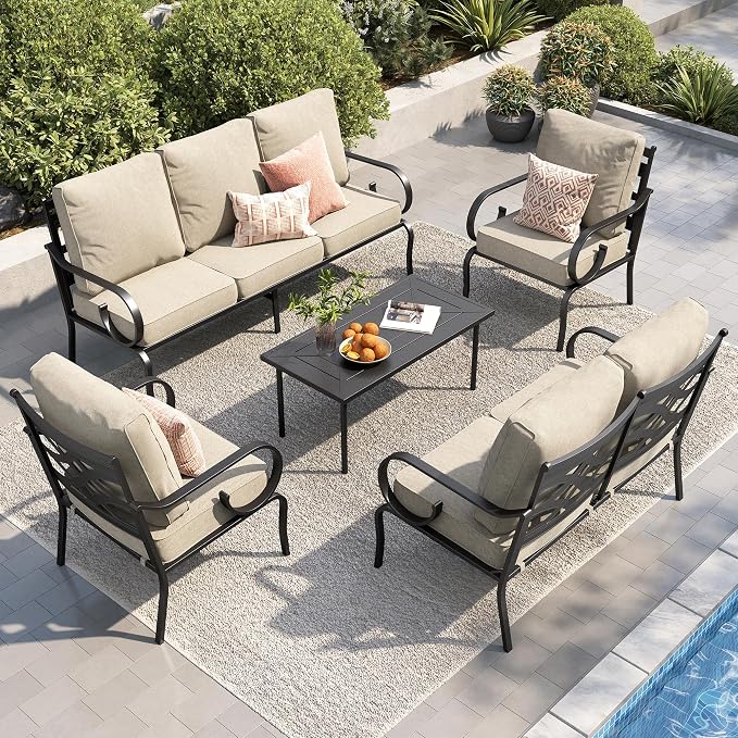 PHI VILLA Patio Furniture Set, 1 Loveseat, 3-Seater Sofa, 2 Fixed Chairs and 1 Coffee Table, Outdoor Metal Conversation Set with 5.75" Extra Thick Cushion for Garden Backyard Deck, Beige
