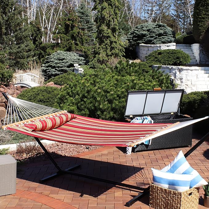 Sunnydaze Quilted Double Hammock for Outside with Spreader Bars and Pillow - 450 lb Capacity, 74x55 Inch Bed, UV Resistant, Quick Dry - Chains Included, Stand Sold Separately - Red Stripe
