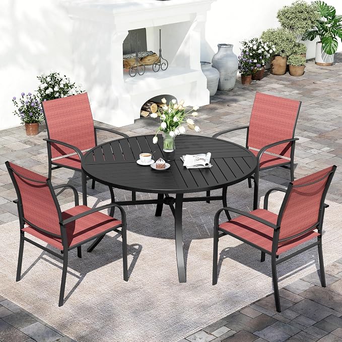 SUNSHINE VALLEY 5 Piece Patio Dining Set for 4, 42" x 42" Round Metal Table with Umbrella Hole and 4 Red Chairs, Outdoor Table and Chairs Set for Lawn Backyard and Deck
