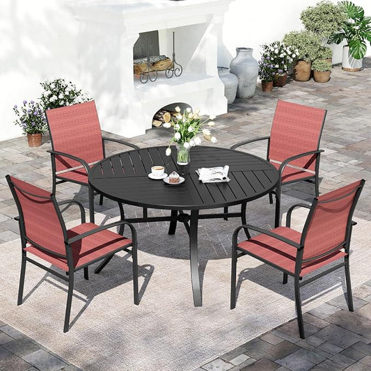 SUNSHINE VALLEY 5 Piece Patio Dining Set for 4, 42" x 42" Round Metal Table with Umbrella Hole and 4 Red Chairs, Outdoor Table and Chairs Set for Lawn Backyard and Deck