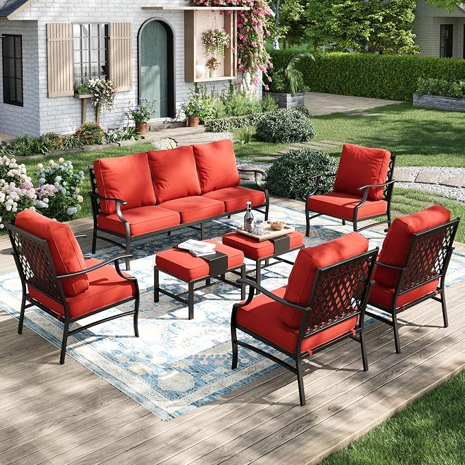 MIXPATIO Patio Furniture Set 7 pcs, Outdoor Patio Furniture, 3-Seat Sofa, 4 Single Chairs, 2 Ottomans and 5.75" Extra Thick Cushion, Patio Conversation Set for Garden Backyard Deck,Red