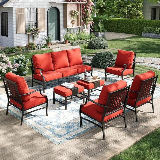 MIXPATIO Patio Furniture Set 7 pcs, Outdoor Patio Furniture, 3-Seat Sofa, 4 Single Chairs, 2 Ottomans and 5.75" Extra Thick Cushion, Patio Conversation Set for Garden Backyard Deck,Red