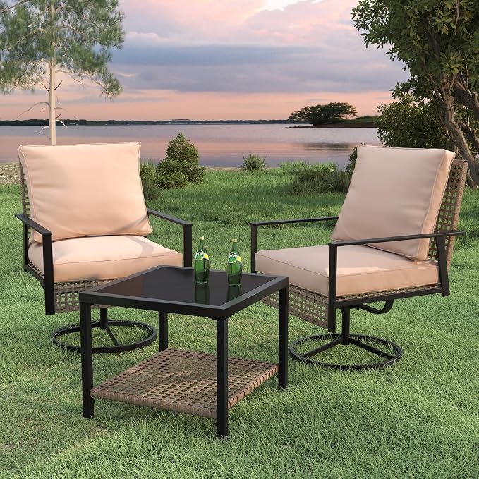 Ainfox 3 Pieces Patio Wicker Chairs Swivel Rocker, Outdoor Swivel Rocker Patio Chairs with Rattan Side Table, Patio Furniture Set for Patio Porch Pool, Khaki