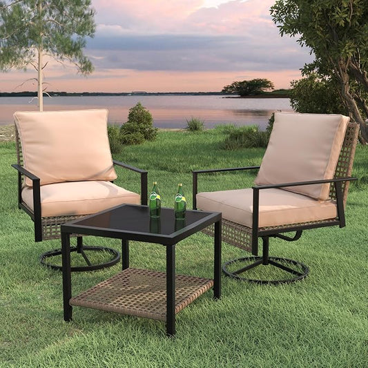 Ainfox 3 Pieces Patio Wicker Chairs Swivel Rocker, Outdoor Swivel Rocker Patio Chairs with Rattan Side Table, Patio Furniture Set for Patio Porch Pool, Khaki