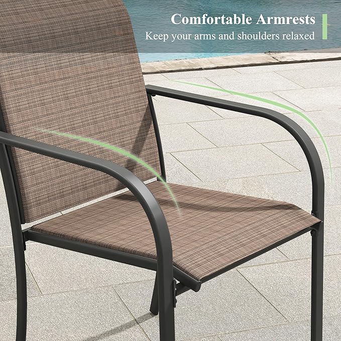 7 Pieces Outdoor Dining Set, Stackable Textilene Paito Chairs & 59.2" Rectangle Dining Table with Umbrella Hole and Shelf, Patio Dining Set for Backyard, Deck, Garden, Brown & Black