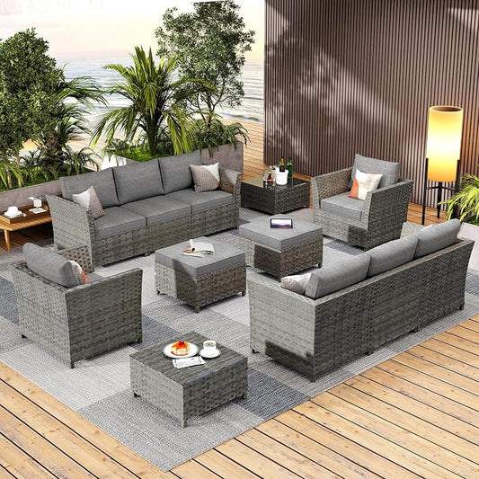 CAODOC 12 Pieces Outdoor Furniture Patio Sectional Sofa Couch Gray PE Wicker Conversation Sets with Ottomans Glass Coffee Table for Garden Poolside Backyard