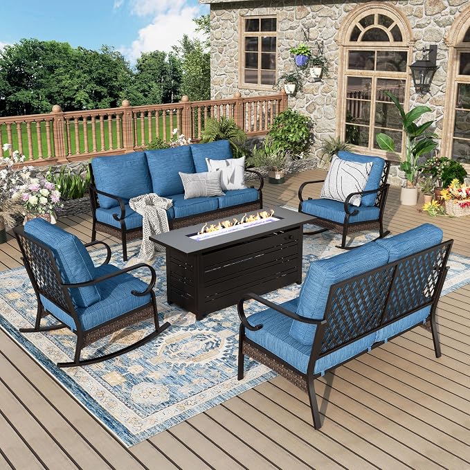 MIXPATIO Patio Furniture Set with Fire Pit Table, Metal Outdoor Conversation Set with 2 Rocking Chairs, Loveseat Sofa, 3-Seat Sofa and Gas Fire Pit Table for Lawn Garden Backyard, Pacific Blue