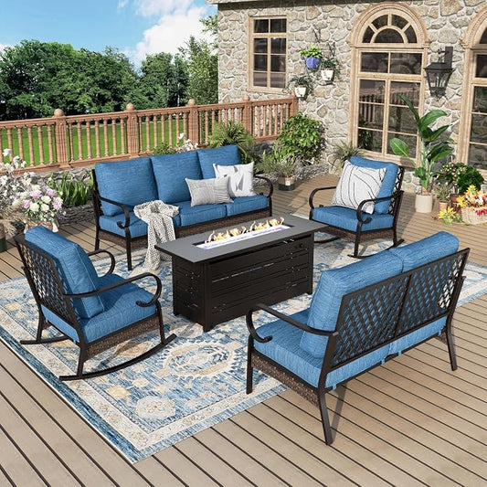 MIXPATIO Patio Furniture Set with Fire Pit Table, Metal Outdoor Conversation Set with 2 Rocking Chairs, Loveseat Sofa, 3-Seat Sofa and Gas Fire Pit Table for Lawn Garden Backyard, Pacific Blue