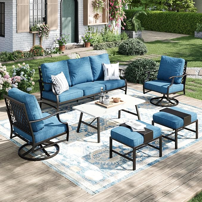 MIXPATIO Patio Furniture Set 6 pcs, Outdoor Patio Furniture, 3-Seat Sofa, 2 Swivel Chairs, 2 Ottomans, Coffee Table and 5.75" Extra Thick Cushion, Conversation Set for Backyard Deck, Gemstone Blue