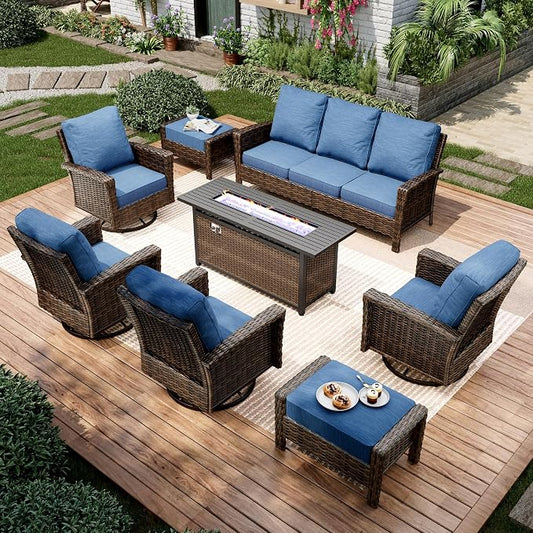 MIXPATIO 8-Piece Wicker Patio Furniture Set with Swivel Chairs, High Back Outdoor Furniture with 57'' Fire Pit Table, All-Weather Wicker Patio Conversation Set for Deck Yard Pool, Navy Blue
