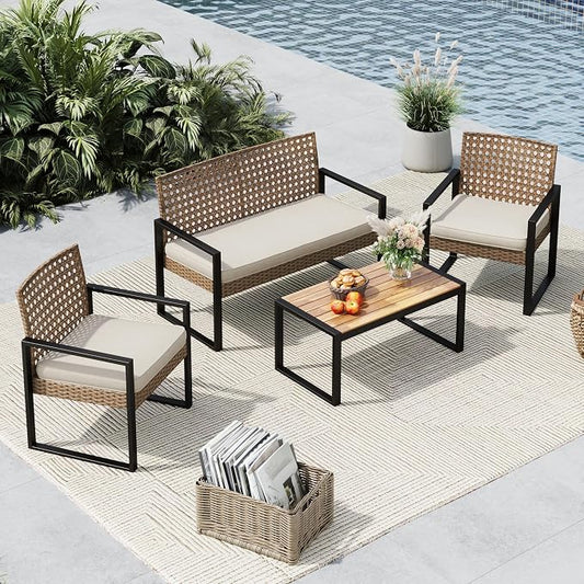 MFSTUDIO 4 Piece Wicker Patio Furniture Set, Small Patio Sofa with Loveseat & Chaise & Acacia Wood Table, Outdoor Sectional Couch with Wood Table, Beige