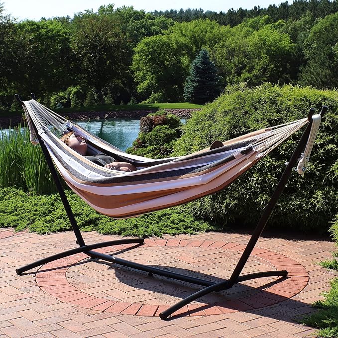 Sunnydaze Double Brazilian Hammock with Stand and Carrying Case - 400-Pound Capacity - Black Stand - Calming Desert