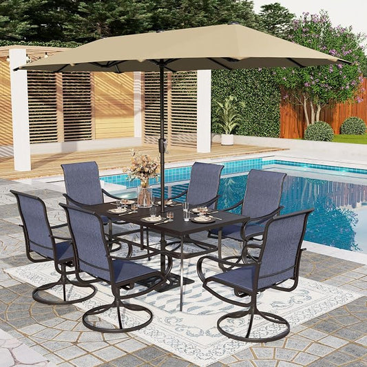 PHI VILLA Outdoor Dining Set with Umbrella for 6, Swivel Mesh Chairs | Includes 1 rectangle metal table, 6 textilene chairs and 13ft beige umbrella(NO BASE), designed for deck, backyard, garden