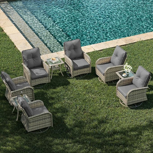 9-Piece Patio Rocking Swivel Chair Outdoor Wicker Rattan Bistro Set with Tempered Glass Side Table, Outdoor Patio Furniture Set for Garden, Deck, and Balcony, Grey