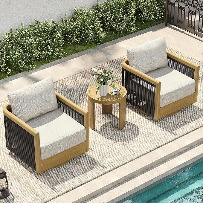 HAPPATIO Aluminum Patio Furniture Set, 3 Pieces Wood-Like Oversized Outdoor Conversation Set with Thick Cushion, Swivel Chair with Curved Tub Design and Woven Rope Accents for Garden, Yard, Pool