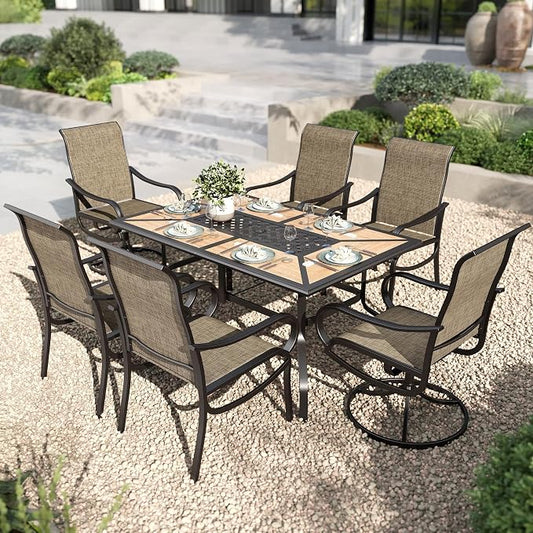 PHI VILLA 7 Piece Outdoor Table and Chairs Set, 2 Swivel & 4 Fixed Patio Chairs and PVC Wooden-Like Table with Umbrella Holes, All Weather Patio Furniture Set for Deck Garden Yard