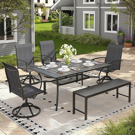 6 Pieces Patio Dining Set for 6-7 People, 59.2" Rectangular Patio Dining Table and Chairs Set with Outdoor Bench for Garden Deck, Black