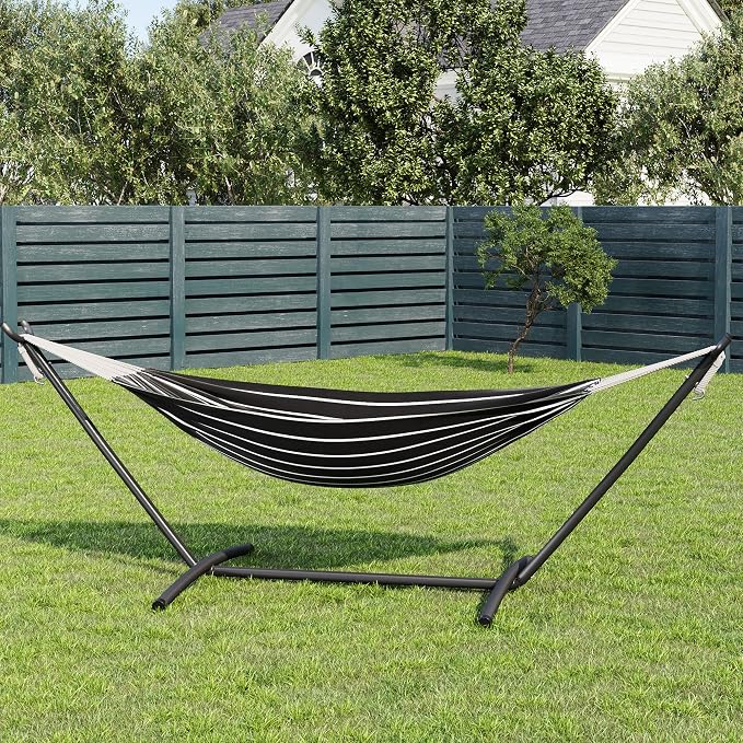 GarveeLife Double 2 Person Hammock, Indoor Outdoor Standing Hammock with Space Saving Steel Stand, Carry Bag, 450 LBS Weight Capacity, Suitable for Garden Camping Beach, Onyx