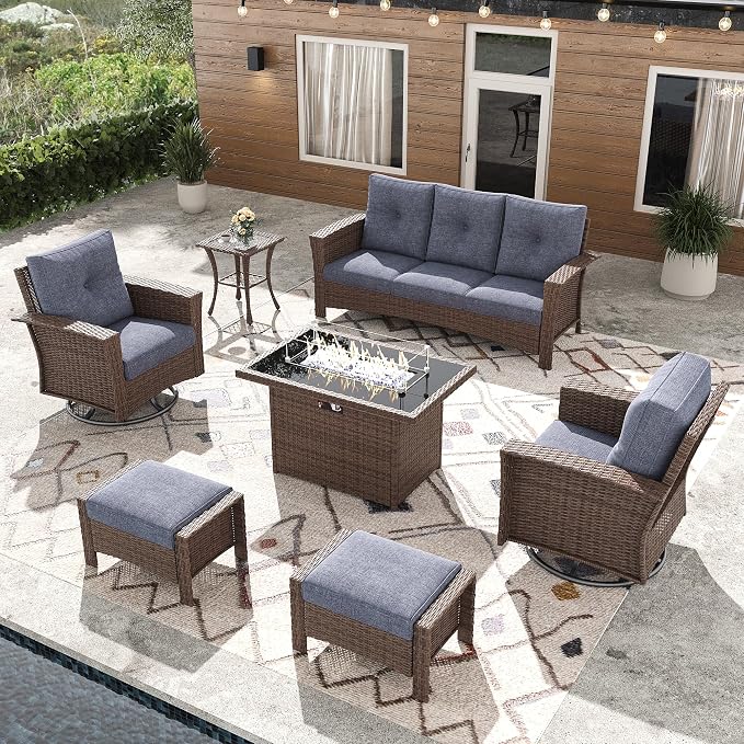 7 Pieces Outdoor Patio Furniture Set with Fire Pit Table, Wicker Patio Sectional Set Conversation Wicker Swivel Chairs with Small Side Table