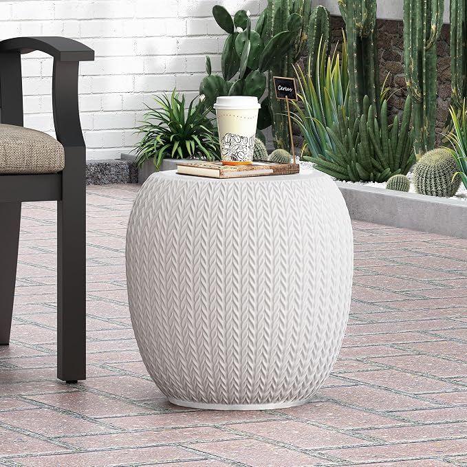 Outdoor Side Table 15.75" Drum Shape Lightweight Concrete-Look Outdoor Indoor Accent Table Decorative Garden Stools, for Patio Porch Living Room, White