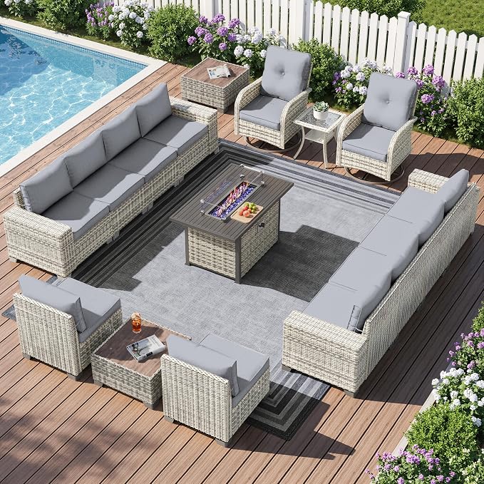 16-Piece Outdoor Patio Furniture Set with Rocking Swivel Chair, PE Wicker Rattan Sectional Sofa Patio Conversation Set with 55,000 BTU Fire Pit Table & Coffee Table, Grey