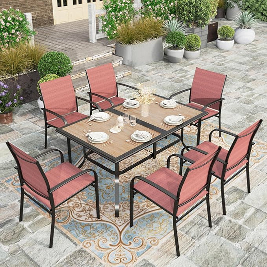 HERA'S HOUSE 7pc Patio Dining Set, Metal Table with PVC Top, Red Chairs | 60" rectangular table with umbrella hole, 6 textilene chairs. Waterproof, rust-resistant, all-weather for yard, porch